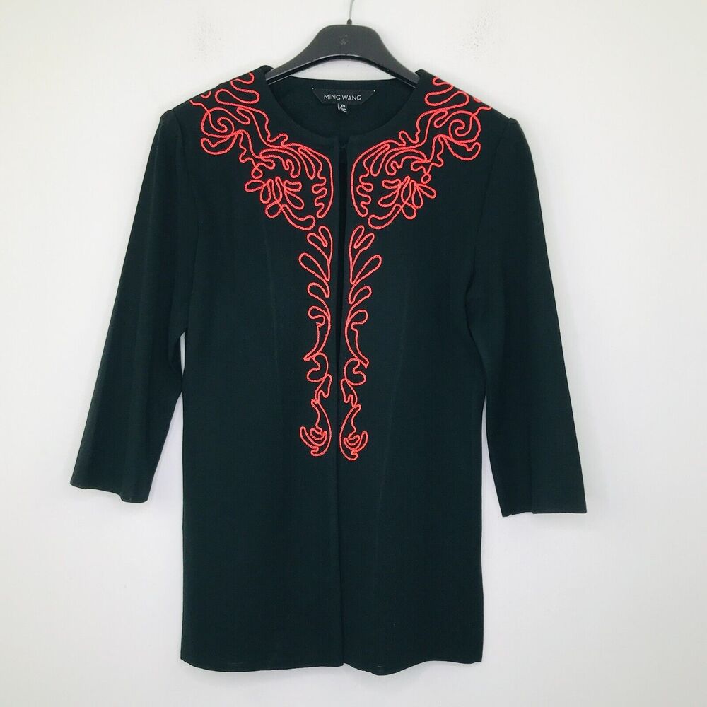 Ming Wang Women's XS Cardigan Sweater Black Embroidered 3/4 Sleeve Acrylic CA1